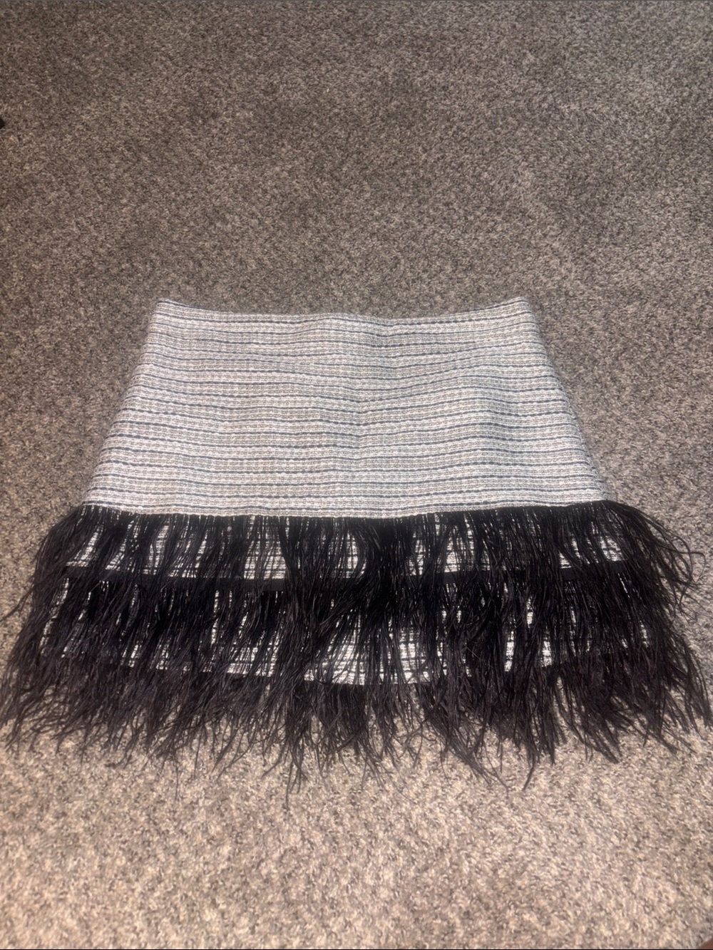 Sail to Sable White Tweed Mini Skirt with Black Real Feather Fringe